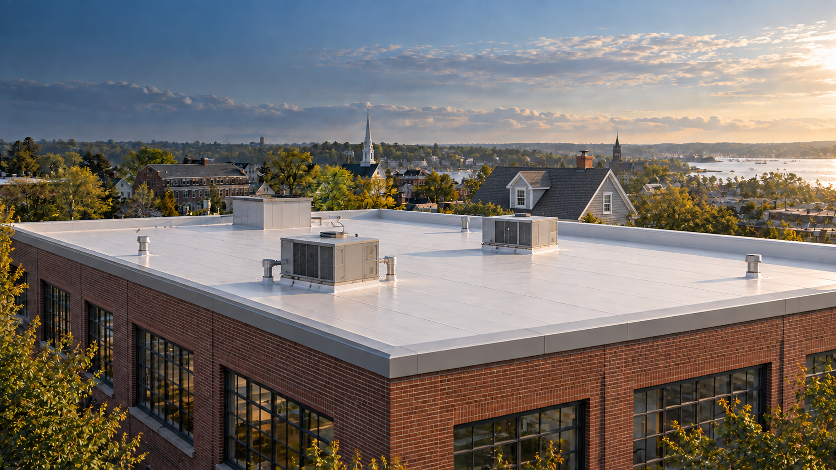 Conceptual Massachusetts roofscape: a commercial membrane roof in front and a steep shingle roof behind it